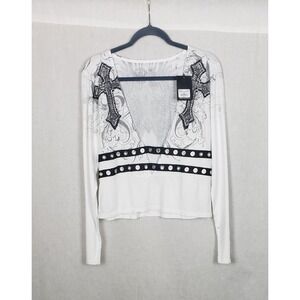 Affliction Sacrifice White Deep V-Neck Rhinestone Cross Wing Graphic Top 2XL NEW